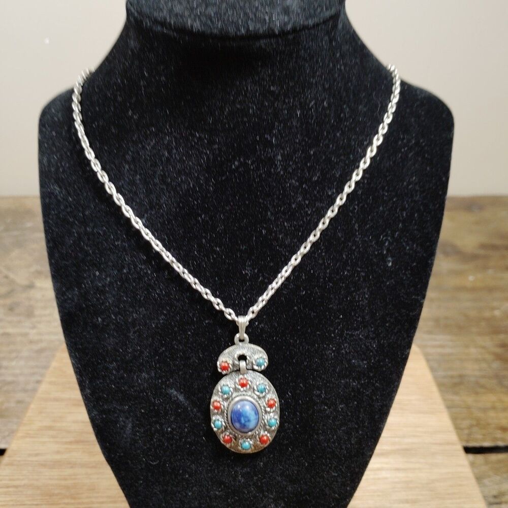 Vintage Sarah Coventry Necklace Silver Tone Signed Costume Ornate Colored Stones
